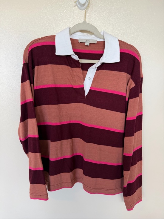 LOFT Tops - LOFT Maroon & Peach Striped Long Sleeve Polo